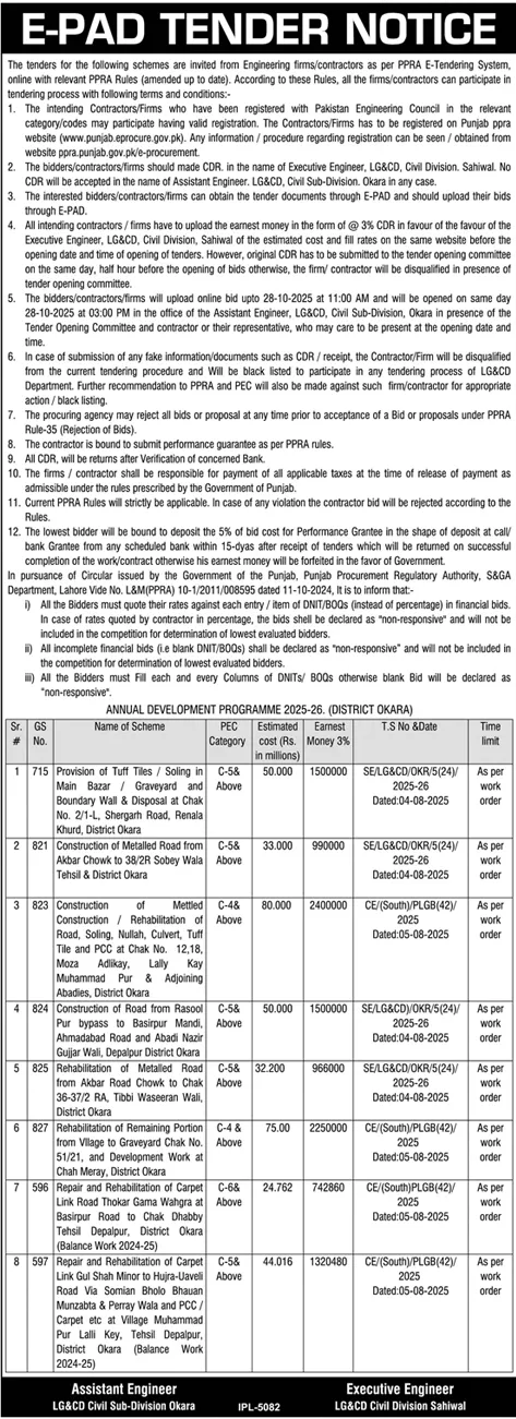 LG&CD Civil Division Sahiwal Tender Notice